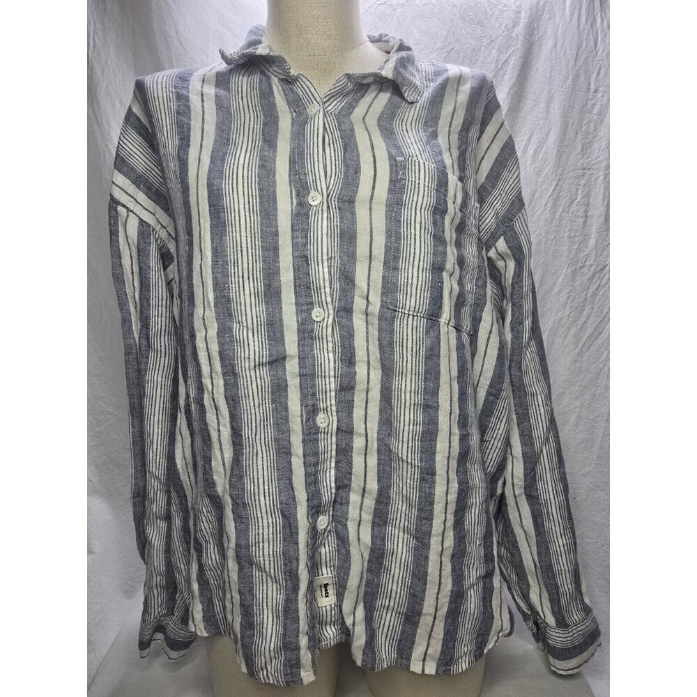 Roots 100% Linen Blue Striped Button Up Shirt- Beach, Travel Boho- Size XL